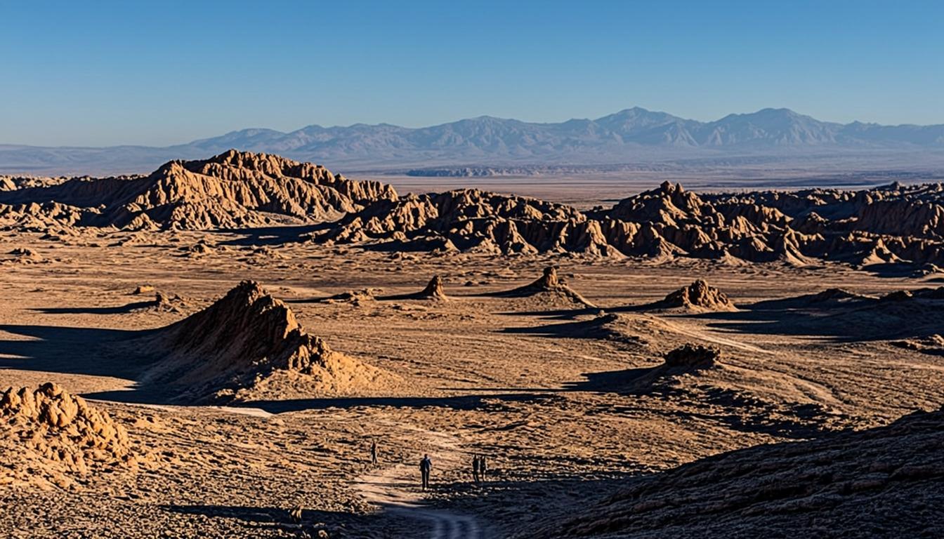 Valle de la Luna at golden hour — eroded salt ridges and dunes glowing in the Atacama Desert near San Pedro de Atacama, Chile